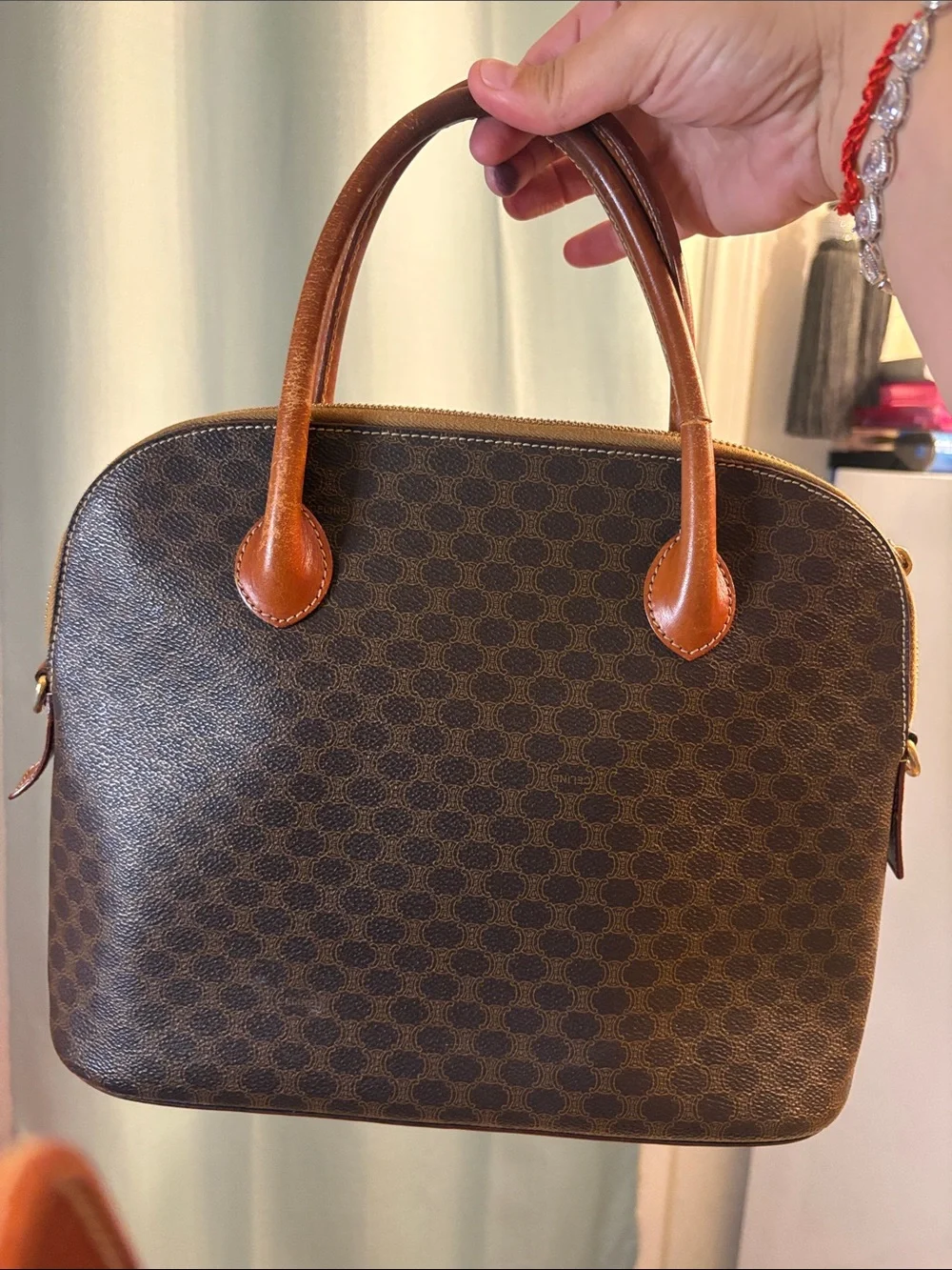 Celine Brown Monogram Messenger Bag with Tan Leather Trim